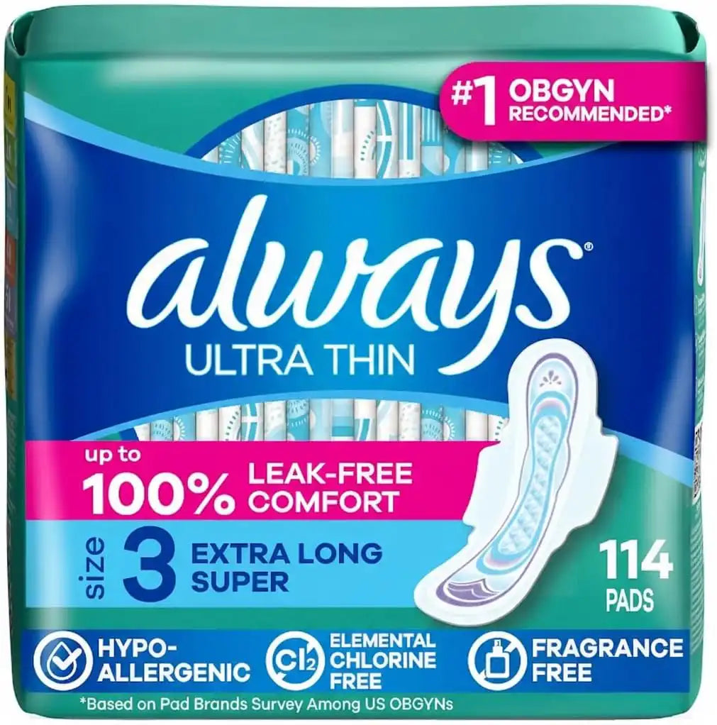 Always Ultra Thin, Size 3 Extra Heavy Long Absorbency, Multipack, with Wings, Unscented, 38 Count x 3 Packs (114 Count Total)