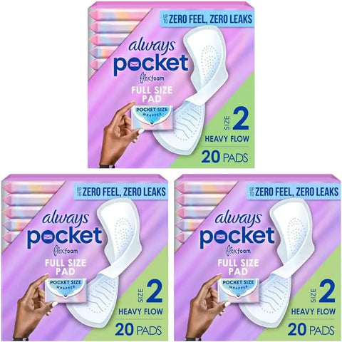 Always Pocket Flexfoam Pads, Size 2, Heavy, with Wings, 20 Count (Pack of 3)
