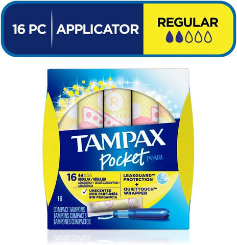 Tampax Pocket Pearl Tampons Regular Absorbency with LeakGuard Braid, Unscented, 16 Count (Pack of 2)