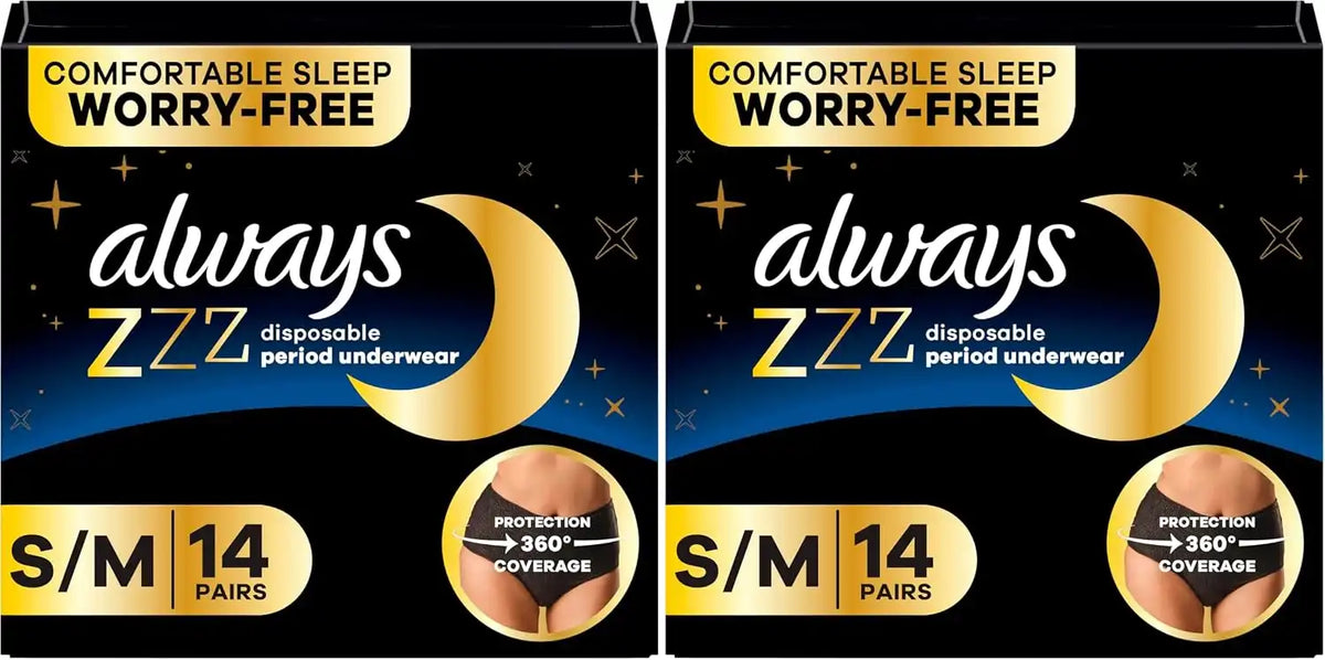 Always ZZZ Overnight Disposable Period Underwear for Women Small/Medium, 360° Coverage for Worry-Free Nights,14 Count (Pack of 2)