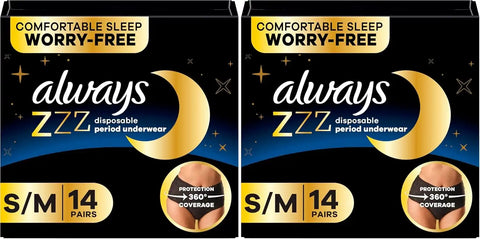 Always ZZZ Overnight Disposable Period Underwear for Women Small/Medium, 360° Coverage for Worry-Free Nights,14 Count (Pack of 2)