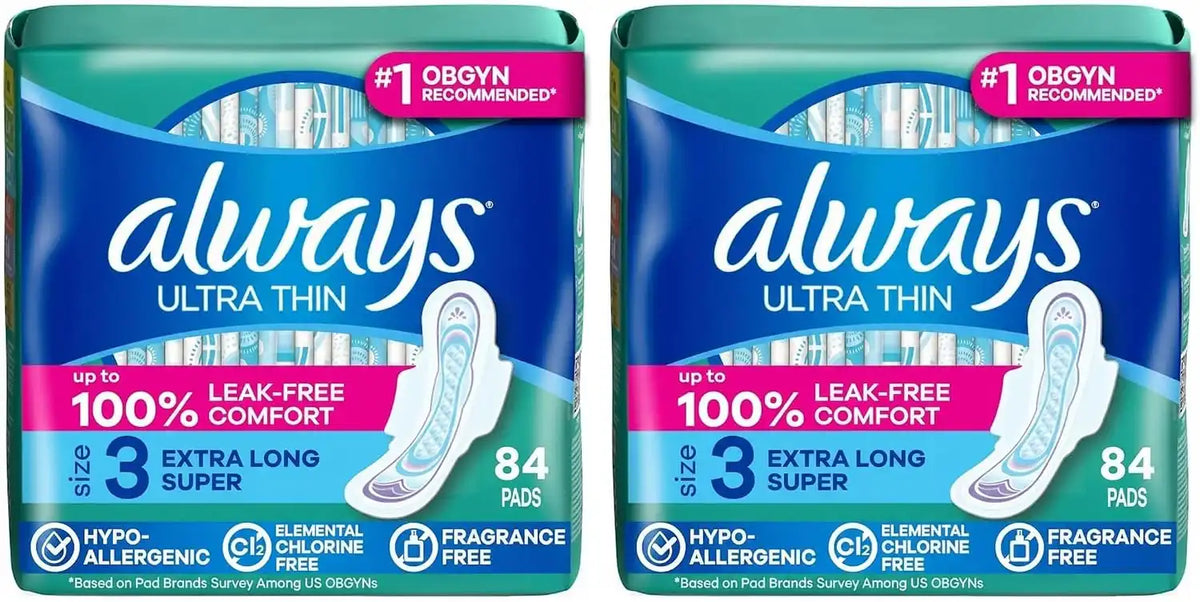 Always Ultra Thin Feminine Pads with Wings for Women, Size 3, Extra Long Super Absorbency, Unscented, Up to 100% Leak-Free Protection,84 Count (Pack of 2)