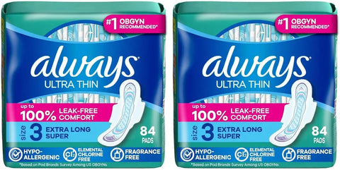 Always Ultra Thin Feminine Pads with Wings for Women, Size 3, Extra Long Super Absorbency, Unscented, Up to 100% Leak-Free Protection,84 Count (Pack of 2)