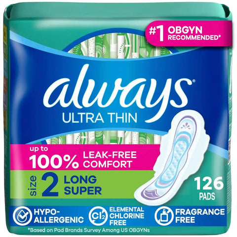 Always Ultra Thin Pads with Wings, Size 2, Long Super, 126 Count (3 Packs of 42)