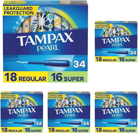 Tampax Pearl Tampons Multipack, Regular/Super Absorbency, with Leakguard Braid, Unscented, 34 Count (Pack of 5)