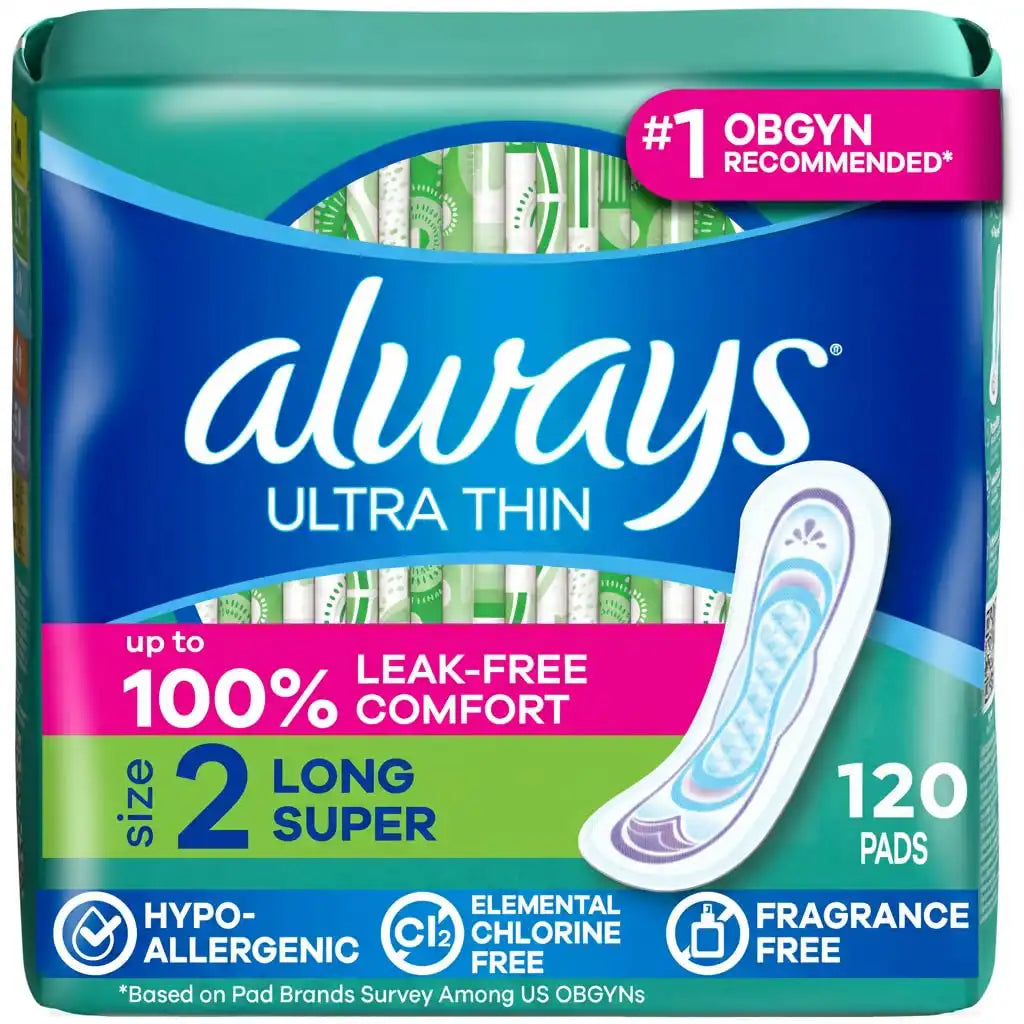 Always Ultra Thin Feminine Pads Without Wings for Women, Size 2, Long Super Absorbency, Unscented, 40 Count x 3 Pack (120 Count Total) (Packaging May Vary)