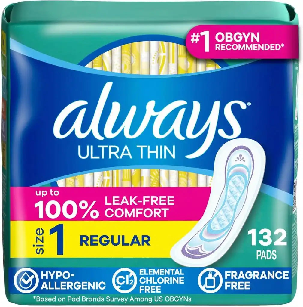 Always Ultra Thin Feminine Pads Without Wings for Women, Size 1, Regular Absorbency, Unscented, Up to 100% Leak-Free Protection, 44 Count x 3, 132 Count Total