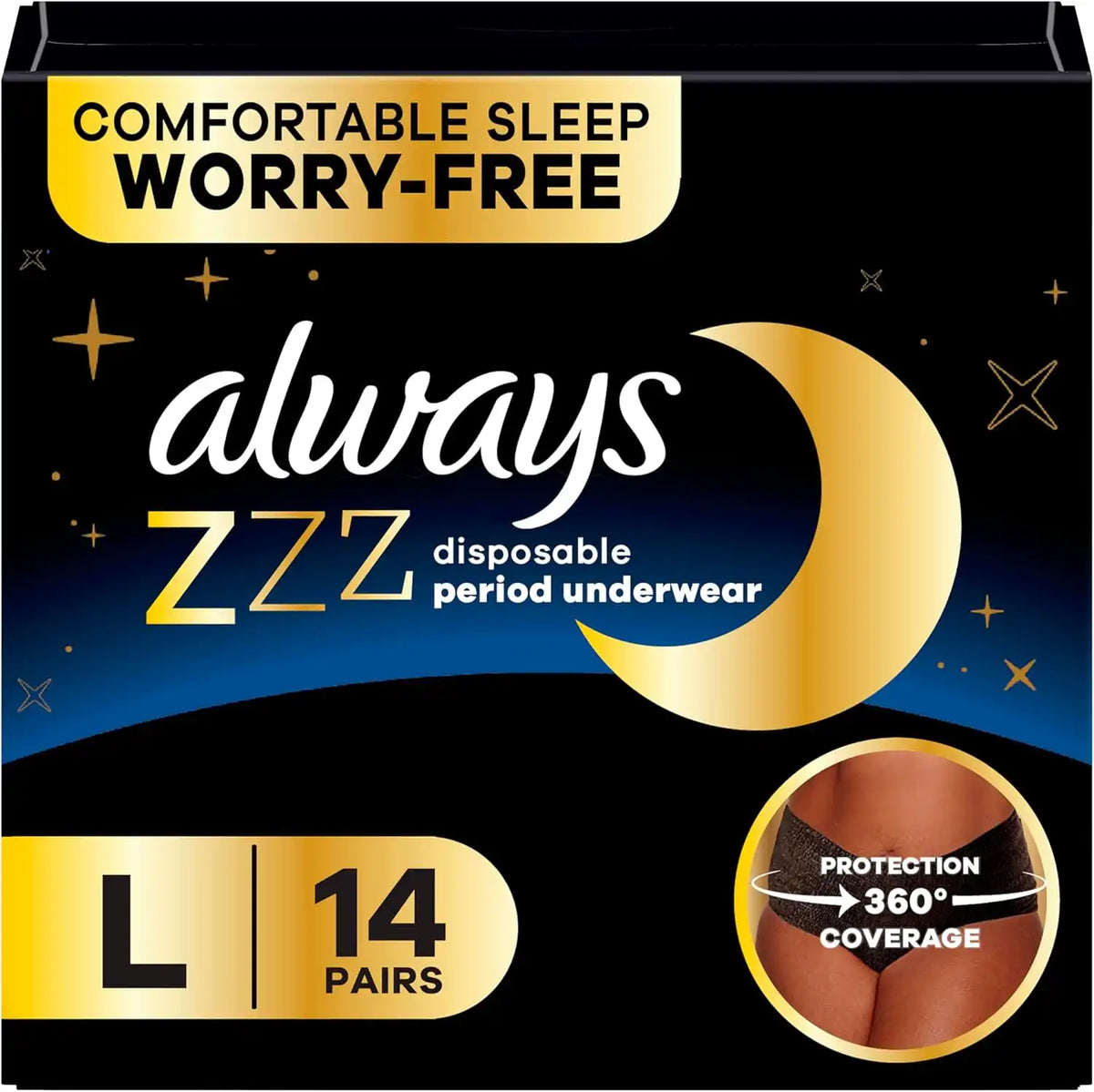 Always ZZZ Overnight Disposable Period Underwear for Women, Large, 360° Coverage for Worry-Free Nights, 14 Count (2 Packs of 7)