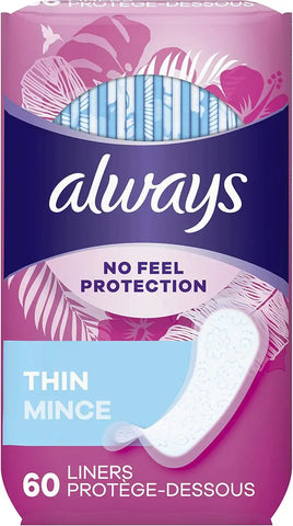 Always Thin No Feel Protection Daily Liners Regular Absorbency Unscented, 60 Count - Pack of 4 (240 Count Total)
