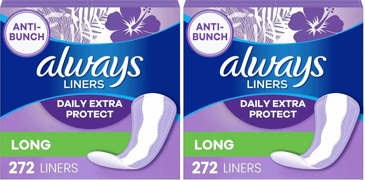 Always Panty Liners for Women Anti-Bunch Xtra Protection Daily Liners, Long, Unscented, 272 Count (Pack of 2)