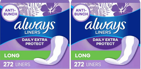 Always Panty Liners for Women Anti-Bunch Xtra Protection Daily Liners, Long, Unscented, 272 Count (Pack of 2)