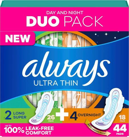 Always Ultra Thin Pads Duo Pack, Feminine Pads with Wings for Women, Size 2 Long Super and 4 Overnight Absorbency, Unscented, Up to 100% Leak-Free Protection, 44 CT