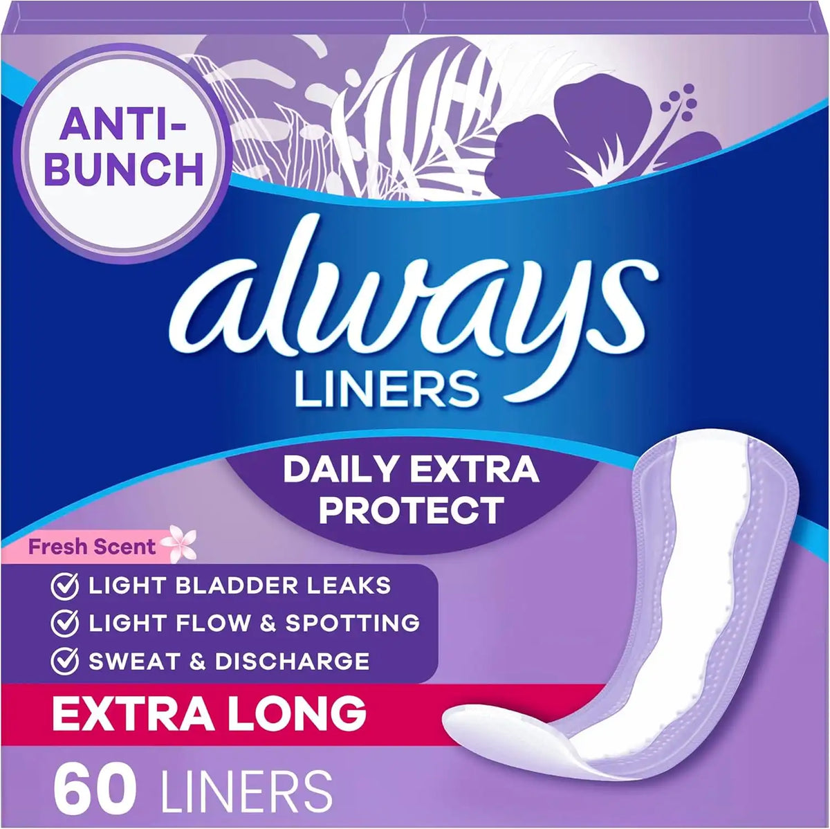 Always Panty Liners for Women Xtra Protection 3-in-1 Daily Liners for Women, Extra Long, Scented, 60 Count