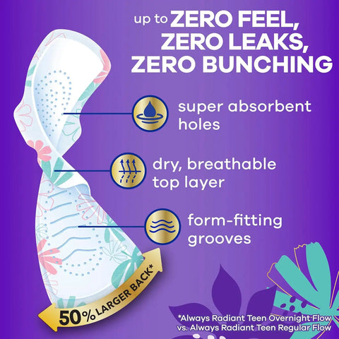 Always Radiant Teen with FlexFoam Pads, Size 4, Overnight Absorbency, with Wings, Unscented, Up to Zero leaks, Zero Feel Protection, 18 Count