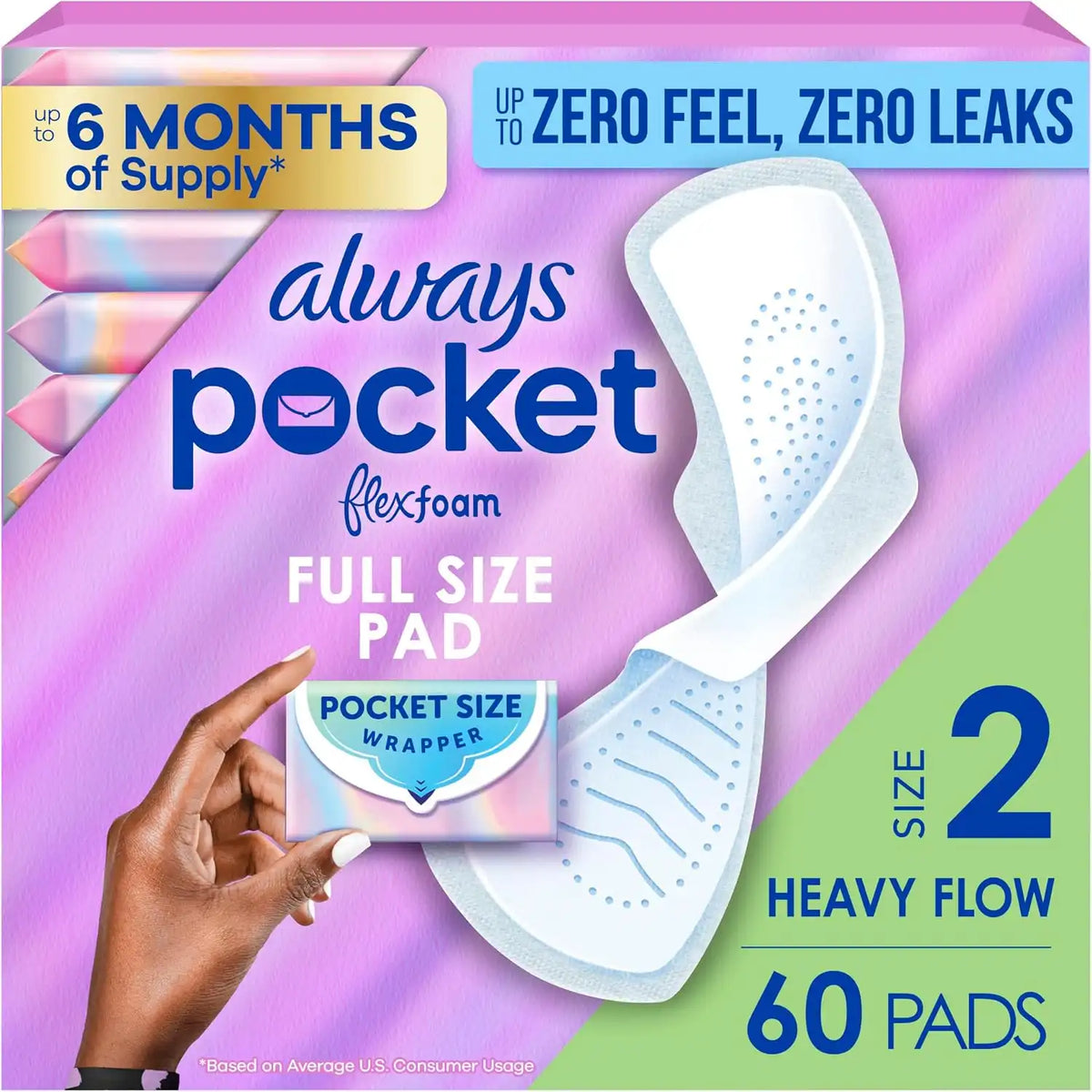 Always Pocket Feminine Pads with FlexFoam, Size 2, Heavy Flow, with Wings, Unscented, 60 Count (3 Packs of 20)