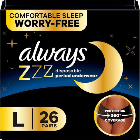 Always ZZZs Disposable Period Underwear, Size L, Absorbs 5X More Than an Ultra Thin Overnight Pad, Comfortable Sleep Worry-Free Nights 26 Count