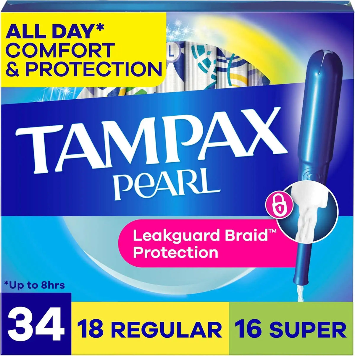 Tampax Pearl Tampons for Women Multipack, with LeakGuard Braid, Regular/Super Absorbency, Unscented, 34 Count