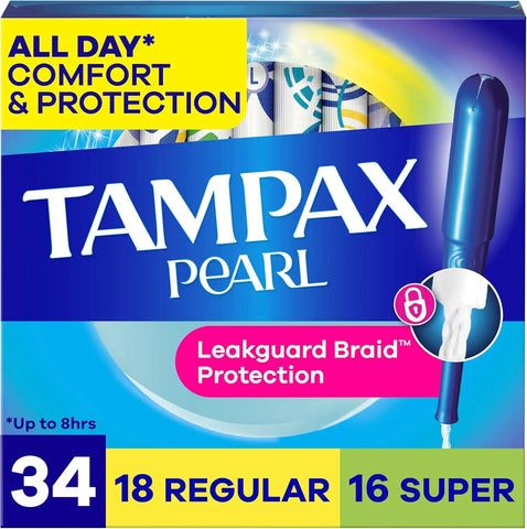 Tampax Pearl Tampons for Women Multipack, with LeakGuard Braid, Regular/Super Absorbency, Unscented, 34 Count