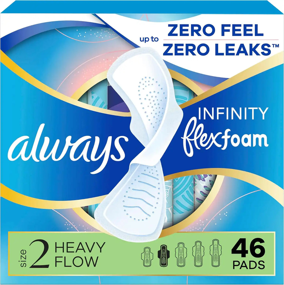 Always Infinity Feminine Pads for Women, Flexfoam Pads with Wings, Size 2, Heavy Absorbency, Unscented, 46 Count