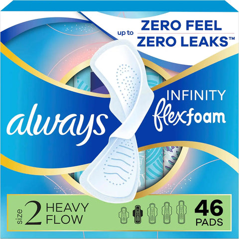 Always Infinity Feminine Pads for Women, Flexfoam Pads with Wings, Size 2, Heavy Absorbency, Unscented, 46 Count