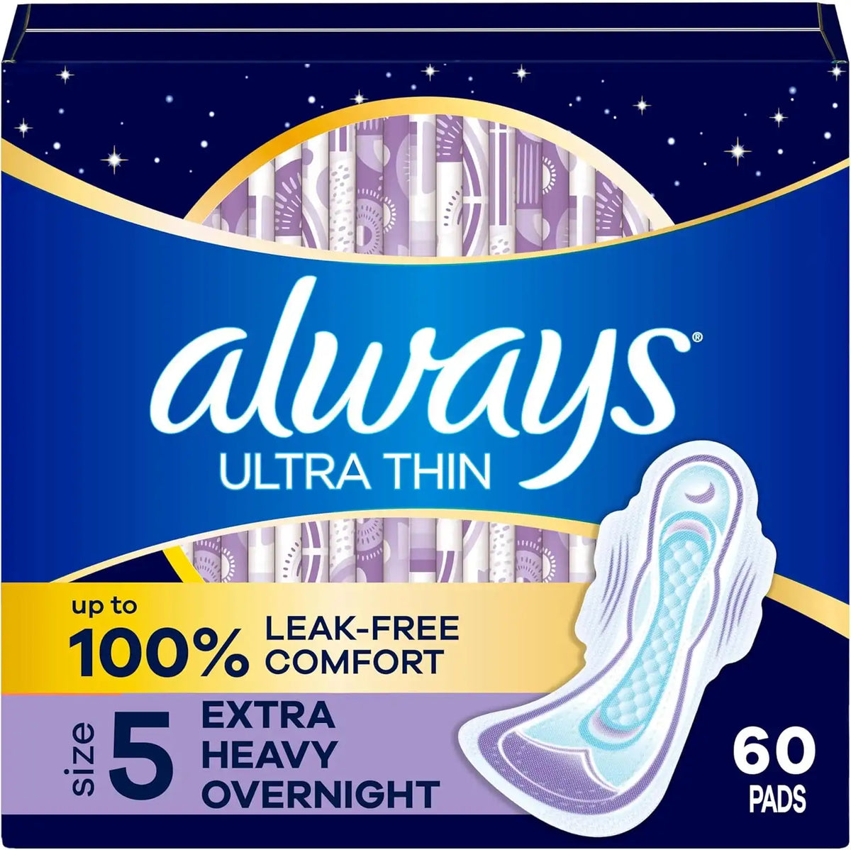 Always Ultra Thin Feminine Pads with Wings for Women, Size 5, Extra Heavy Overnight Absorbency, Unscented, Up to 100% Leak-Free Comfort, 60 Count