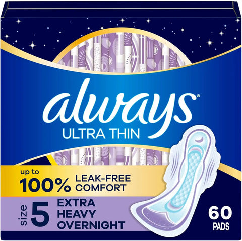 Always Ultra Thin Feminine Pads with Wings for Women, Size 5, Extra Heavy Overnight Absorbency, Unscented, Up to 100% Leak-Free Comfort, 60 Count