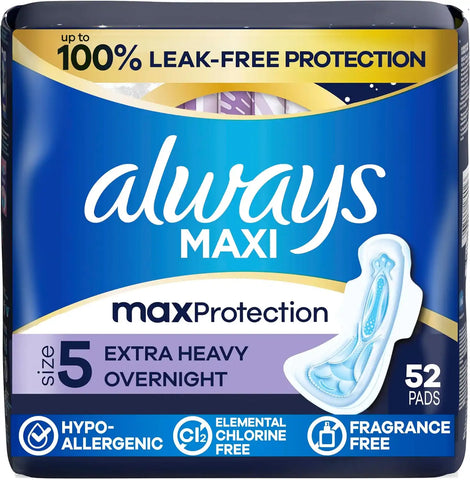 Always Maxi Overnight Feminine Pads with Wings for Women, Size 5, Extra Heavy Overnight Absorbency, Unscented, Up to 100% Leak-Free Protection, 52 Count