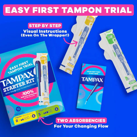 Tampax Starter Kit Multipack, with LeakGuard Braid, Regular/Super Absorbency, Easy First Tampon Trial, Unscented, 12 Count