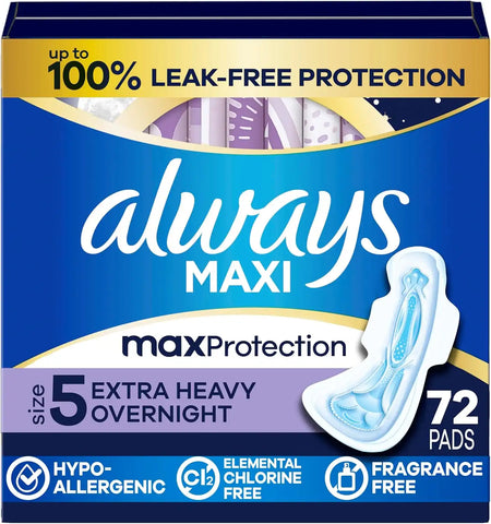 Always Maxi Overnight Pads with Wings, Size 5, Extra Heavy Overnight, Unscented, 72 Count