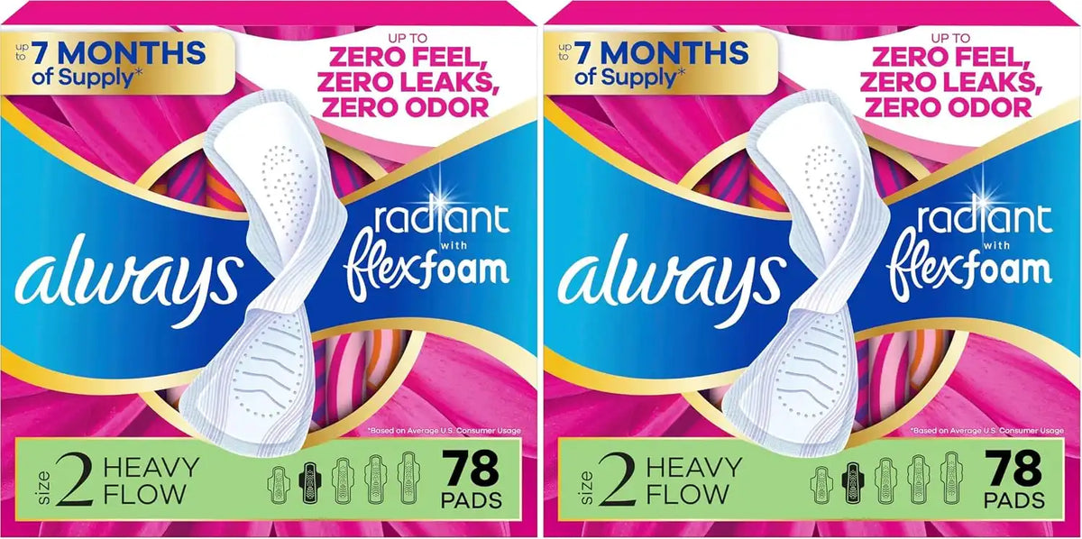 Always Radiant Feminine Pads for Women, Flexfoam Pads with Wings, Size 2, Heavy Absorbency, Lightly Scented 78 Count (Pack of 2)