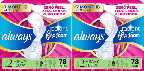 Always Radiant Feminine Pads for Women, Flexfoam Pads with Wings, Size 2, Heavy Absorbency, Lightly Scented 78 Count (Pack of 2)
