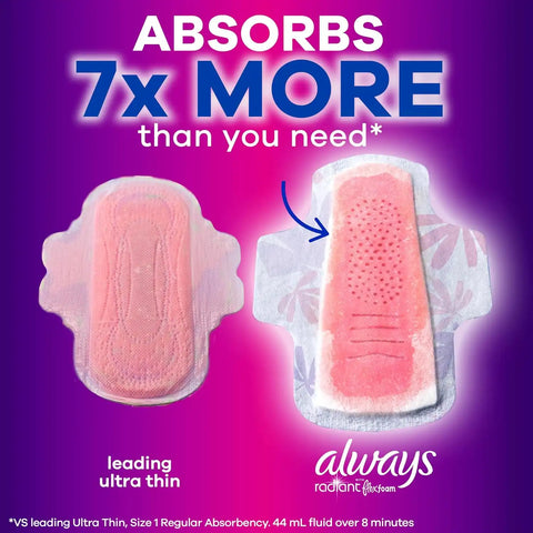 Always Radiant Feminine Pads for Women, Flexfoam Pads with Wings, Size 4, Overnight Absorbency, Lightly Scented, 60 Count (Pack of 2)