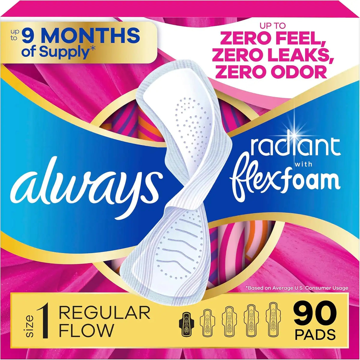 Always Radiant Feminine Pads for Women, Flexfoam Pads with Wings, Size 1, Regular Absorbency, Lightly Scented, 90 Count (3 Packs of 30)