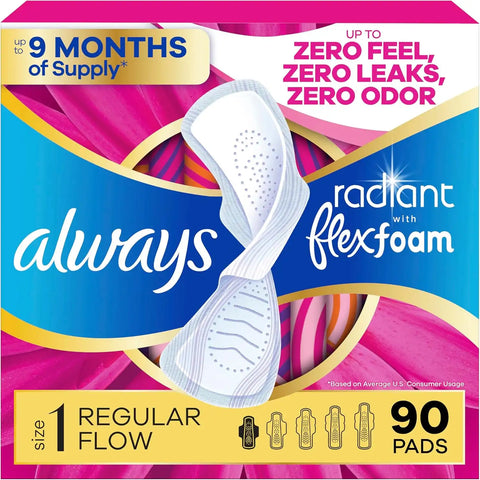 Always Radiant Feminine Pads for Women, Flexfoam Pads with Wings, Size 1, Regular Absorbency, Lightly Scented, 90 Count (3 Packs of 30)