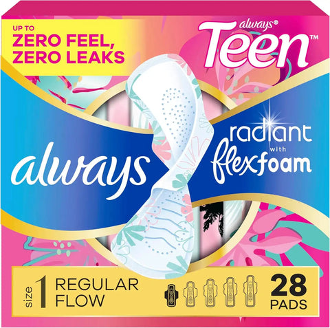 Always Radiant Teen Pads, Size 1, Regular, with Wings, Unscented, 28 Count