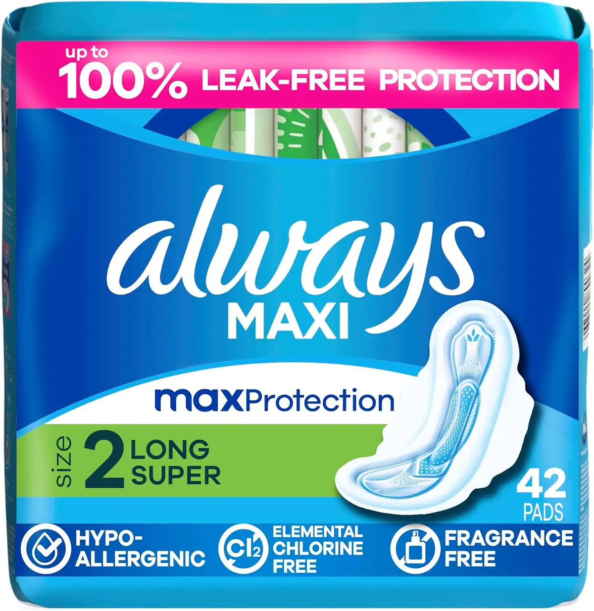 Always Maxi Feminine Pads with Wings for Women, Size 2, Long Super Absorbency, Unscented 42 Count