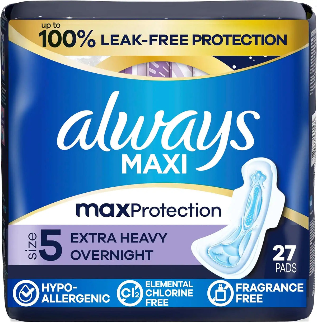 Always Maxi Overnight Feminine Pads with Wings for Women, Size 5, Extra Heavy Overnight Absorbency, Unscented, Up to 100% Leak-Free Protection, 27 Count