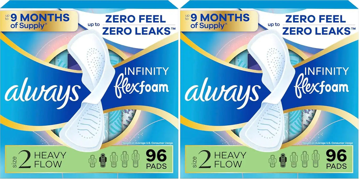 Always Infinity Feminine Pads for Women, Flexfoam Pads with Wings, Size 2, Heavy Absorbency, Unscented, 96 Count (Pack of 2)