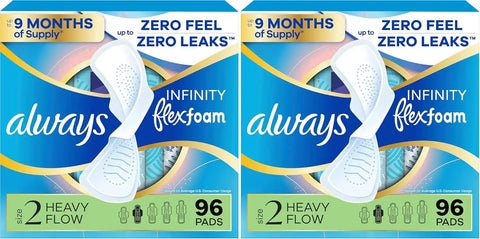 Always Infinity Feminine Pads for Women, Flexfoam Pads with Wings, Size 2, Heavy Absorbency, Unscented, 96 Count (Pack of 2)