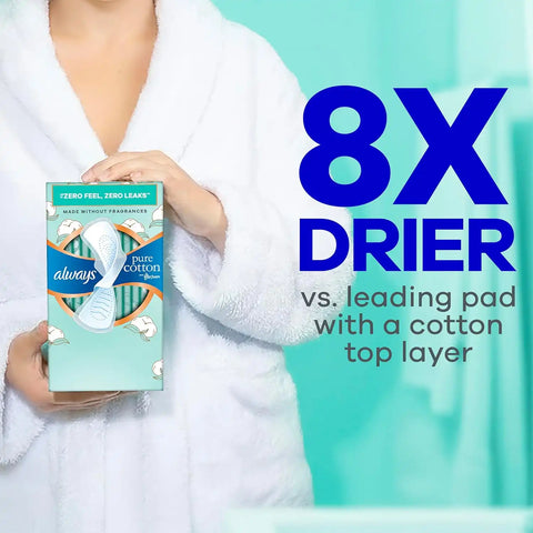 Always Pure Cotton Feminine Pads for Women, FlexFoam Pads with Wings, Size 1, Regular Absorbency, Unscented, 84 Count (3 Packs of 28)