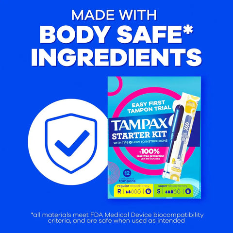 Tampax Starter Kit Multipack, with LeakGuard Braid, Regular/Super Absorbency, Easy First Tampon Trial, Unscented, 12 Count