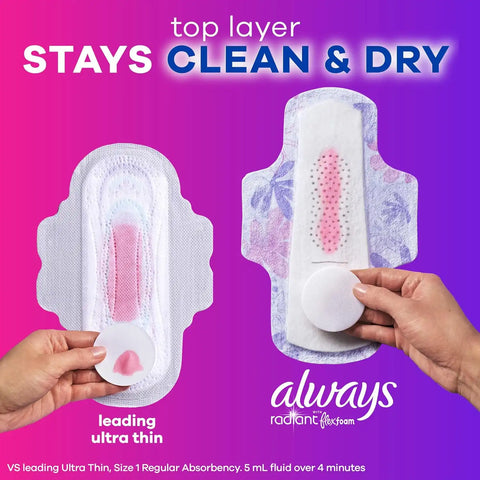 Always Radiant Feminine Pads For Women, Size 3 Extra Heavy Flow Absorbency, With Flexfoam, With Wings, Scented, 22 Count