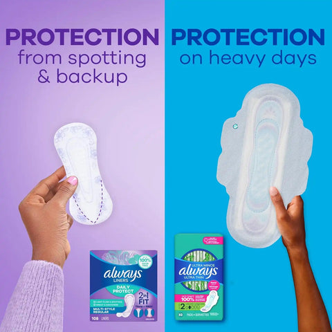 Always Daily Protect Multi-Style Liners, Regular Length, Unscented Panty Liners, Up to 100% Odor Free and Fragrance Free, Cleanguard Quilted Core Absorbs Wetness and Odors, 108 Count