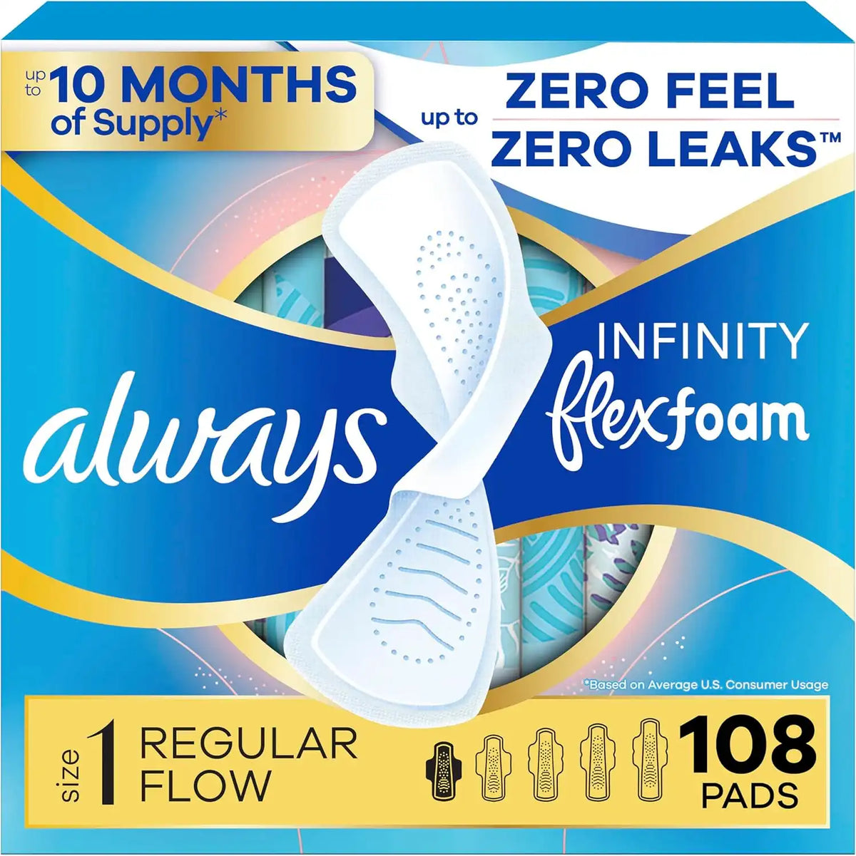 Always Infinity Feminine Pads for Women, Flexfoam Pads with Wings, Size 1, Regular Absorbency, Unscented, 108 Count (3 Packs of 36)