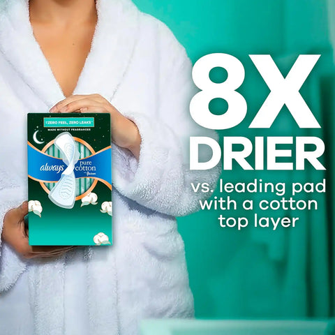 Always Pure Cotton Feminine Pads for Women, FlexFoam Pads with Wings, Size 4, Overnight Absorbency, Unscented, 60 Count (3 Packs of 20)
