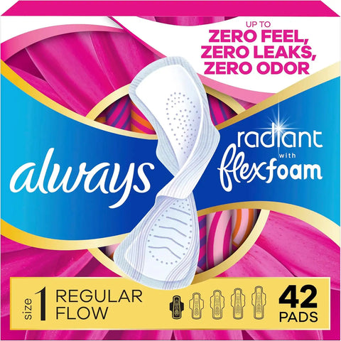 Always Radiant Feminine Pads for Women, Flexfoam Pads with Wings, Size 1, Regular Absorbency, Lightly Scented, 42 Count