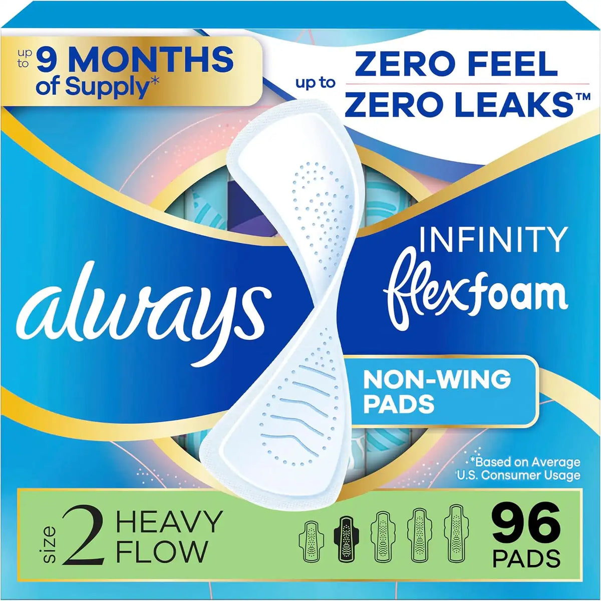 Always Infinity Feminine Pads for Women, Flexfoam Pads Without Wings, Size 2, Heavy Absorbency, Unscented, 96 Count (3 Packs of 32)