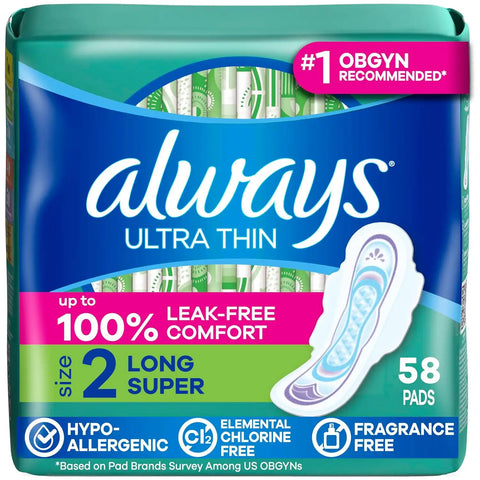 Always Ultra Thin Feminine Pads with Wings for Women, Size 2, Long Super Absorbency, Unscented, Up to 100% Leak-Free Protection, 58 Count