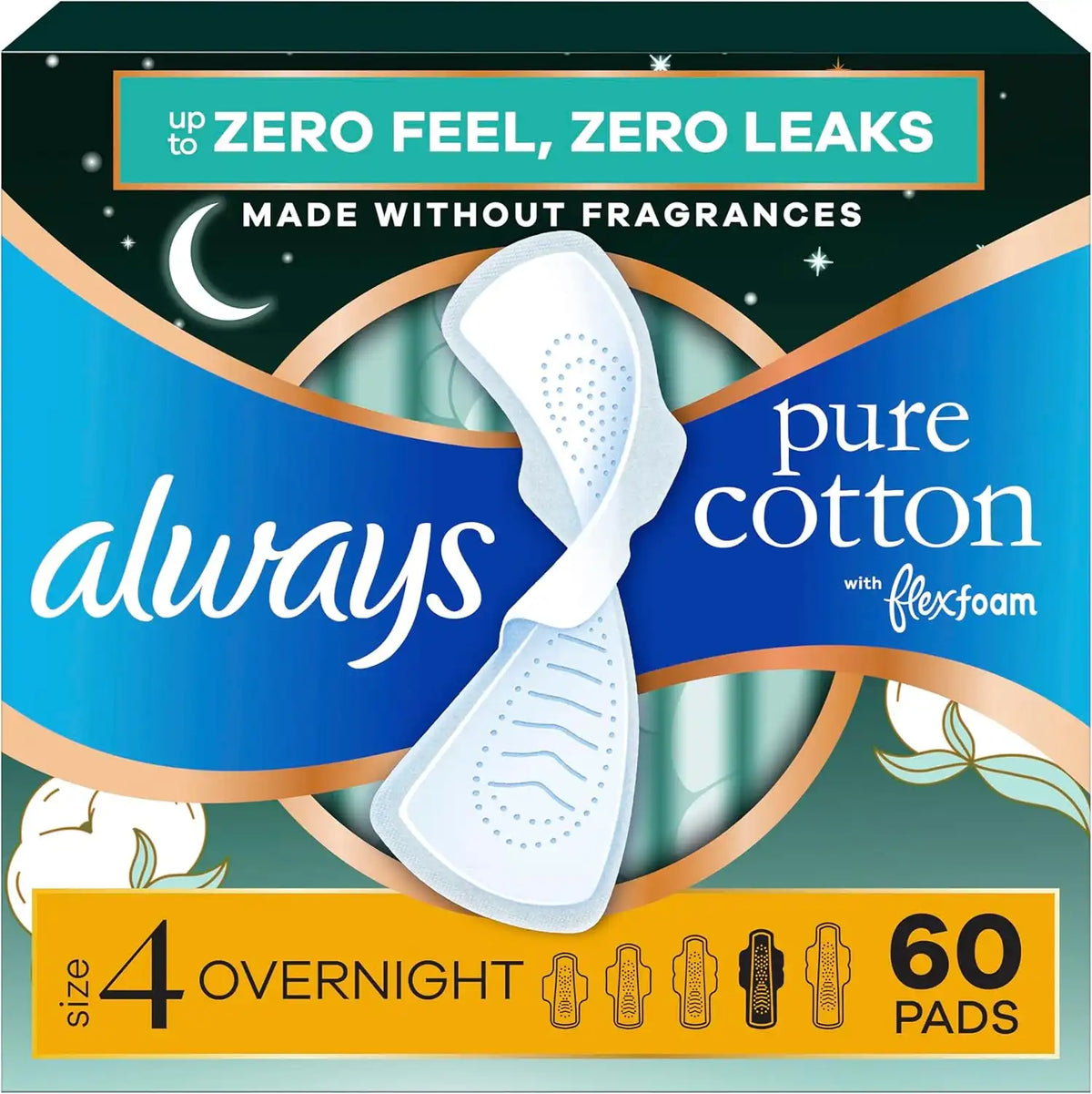 Always Pure Cotton Feminine Pads for Women, FlexFoam Pads with Wings, Size 4, Overnight Absorbency, Unscented, 60 Count (3 Packs of 20)