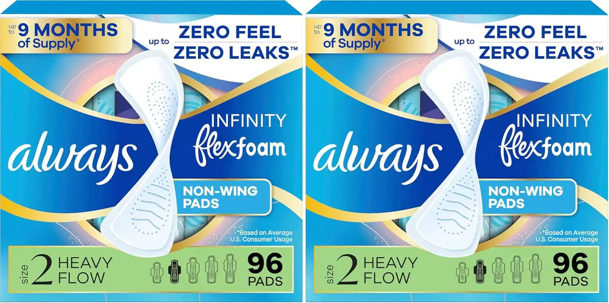 Always Infinity Feminine Pads for Women, Flexfoam Pads Without Wings, Size 2, Heavy Absorbency, Unscented, 96 Count (Pack of 2)